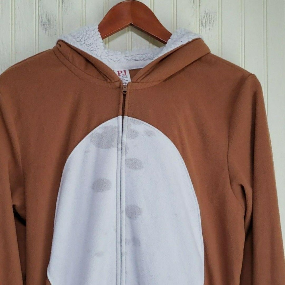 PJ Place One-piece Pajamas Womens Small Brown Reindeer Hooded Fleece Zip
